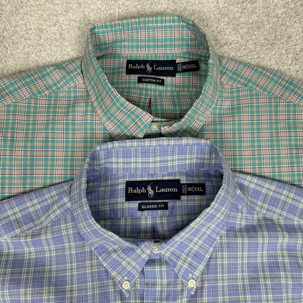Polo Ralph Lauren NWT Men's Button Down Green Blue Plaid Custom Fit 2XL Lot of 2